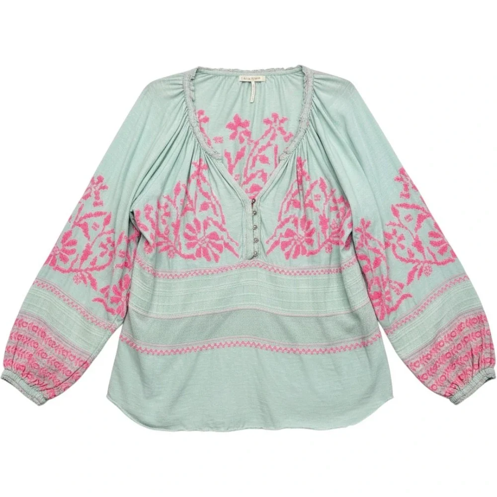 Free People Embroidered Peasant Blouse Sage Green Pink Floral Boho Top Large